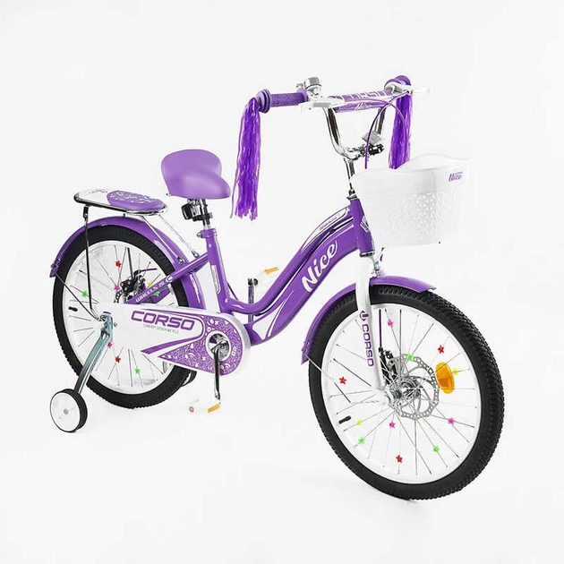 Велосипед двухколёсный подростковый 20" CORSO Nice стальная рама доп. колёса фиолетовый с белым NC-20105 