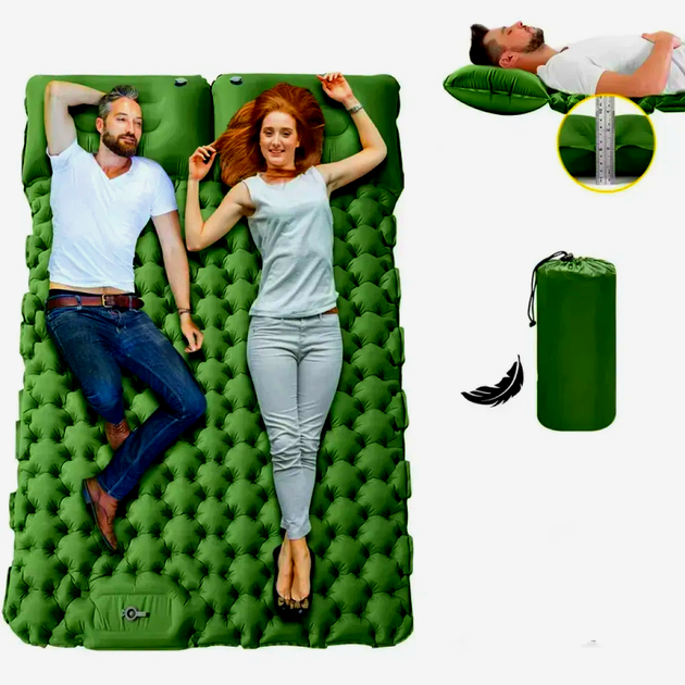 Каремат двомісний надувний з подушкою (196х125х9 см), Зелений / Похідний матрац (L) - Фото 3 Каремат двомісний надувний з подушкою (196х125х9 см), Зелений / Похідний матрац (L) - изображение 3