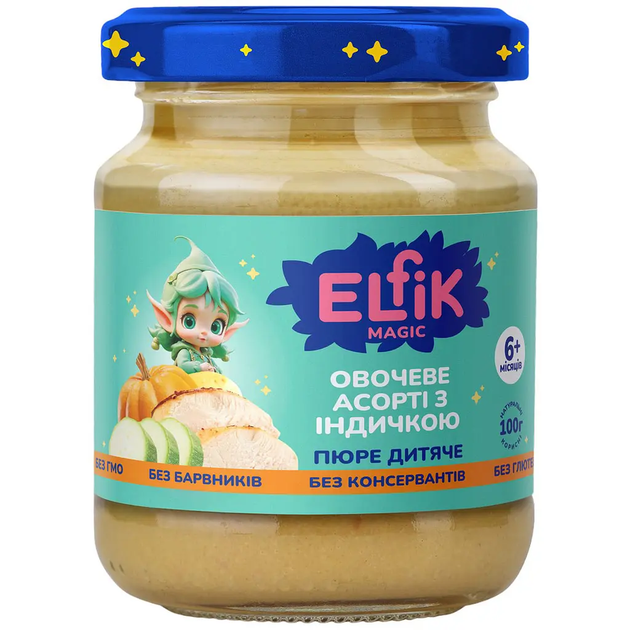 Пюре Elfik Magic овочеве асорті з індичкою 100 г - Фото 1 Пюре Elfik Magic овочеве асорті з індичкою 100 г - зображення 1