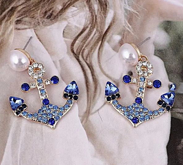 Женские сережки Якоря с камнями Синие - Золотистые - Фото 3 Женские сережки Якоря с камнями Синие - Золотистые - изображение 3