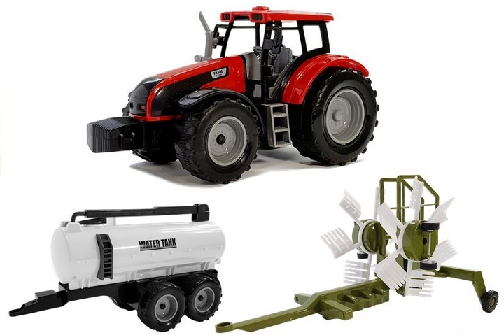 Zestaw zabawek LEAN Toys Traktor z przyczepką zgrabiarką i cysterną Czerwony 5851 (5905323219304) - obraz 2