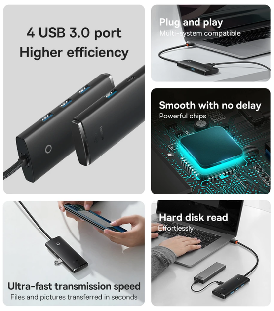 USB-Хаб Baseus Lite Series 4 in 1 (USB-A to USB 3.0*4) 1m Black - зображення 3