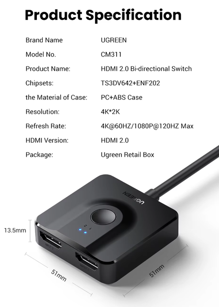 HDMI сплітер двонаправлений Ugreen CM311 з кабелем 1м, 2 In 1 Out HDMI Switcher Black 4K@60Hz (70607) - зображення 8