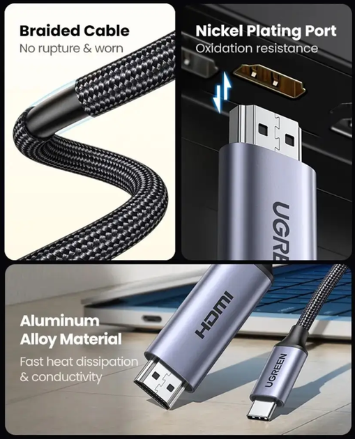 Кабель UGREEN CM565 USB-C to HDMI 2.1 (8K@60Hz; 4K@144Hz) для MacBook Pro iMac iPad Pro Samsung VRR 2м (15850) - изображение 3