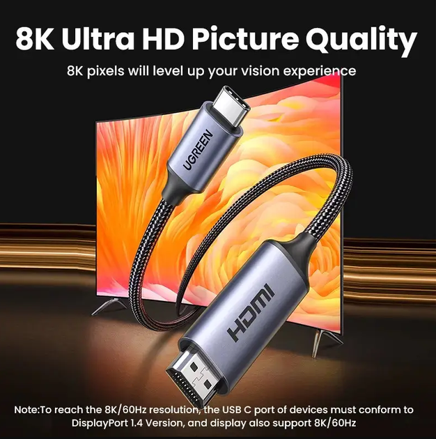 Кабель UGREEN CM565 USB-C to HDMI 2.1 (8K@60Hz; 4K@144Hz) для MacBook Pro iMac iPad Pro Samsung VRR 2м (15850) - изображение 5