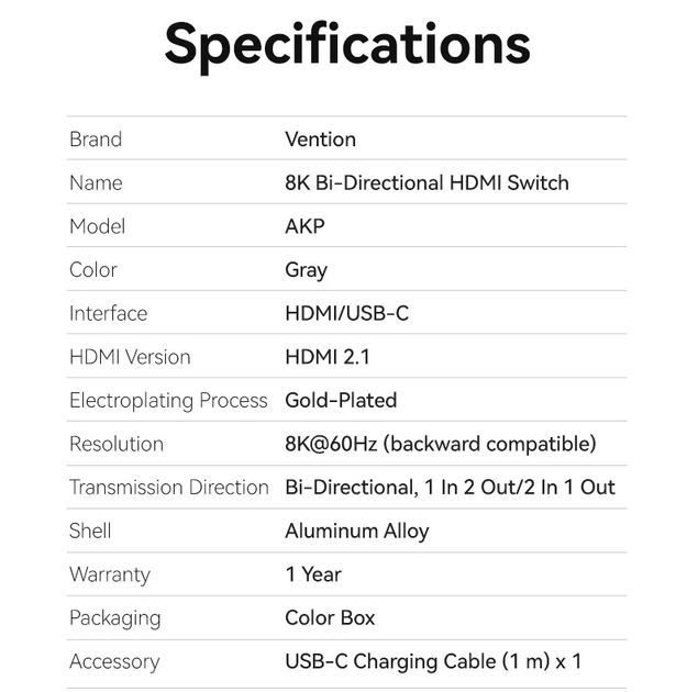 HDMI сплиттер Vention HDMI 2.1 с 60Hz 3D HDCP HDR Dolby 7.1 свич двунаправленный 2 in 1 out Grey (AKPH0) - изображение 10