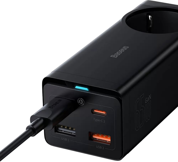 Ładowarka sieciowa Baseus GaN3 Pro Desktop Powerstrip AC+2U+2C 65W EU (With Cable Type-C to Type-C 100W 20V/5A 1m) Black (PSZM000901) - obraz 2