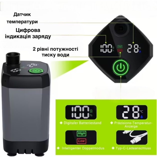 Портативный душ с насосом на аккумуляторе 9000mAh полевой Lixada Походный переносной душ для дачи туризма - изображение 4