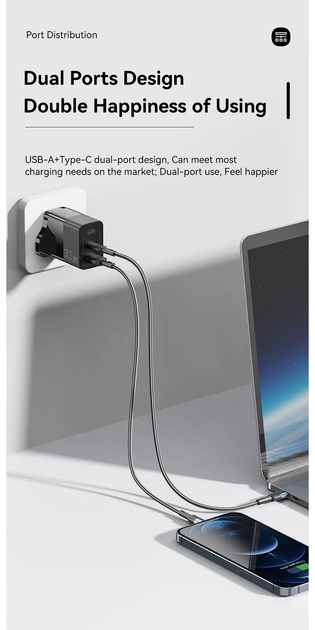 Зарядний пристрій ESSAGER GAN 33W USB-C+USB-A White - зображення 3