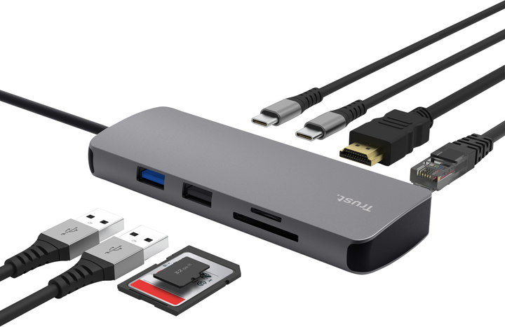 Hub USB Trust Dalyx 8in1 USB-C - USB-A 3.2/USB-A 2.0/2xUSB-C/HDMI/LAN/SD/microSD 0.5 m Gray (TR25672) - obraz 8