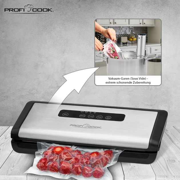 Вакуумний упаковувач ProfiCook PC-VK 1146 120 Вт, 12 л/хв, 18 пакетів у комплекті, автоматичний, для Sous-Vide, з сенсорним керуванням та 4 рівнями вакуумуT - изображение 2