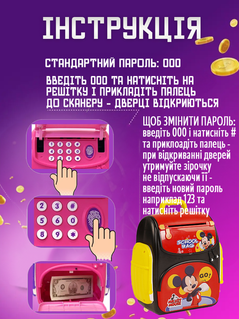 Детская копилка-сейф рюкзак Микки Маус с кодовым замком, отпечатком, купюроприемник для бумажных денег монет Красная - Фото 4 Детская копилка-сейф рюкзак Микки Маус с кодовым замком, отпечатком, купюроприемник для бумажных денег монет Красная - изображение 4