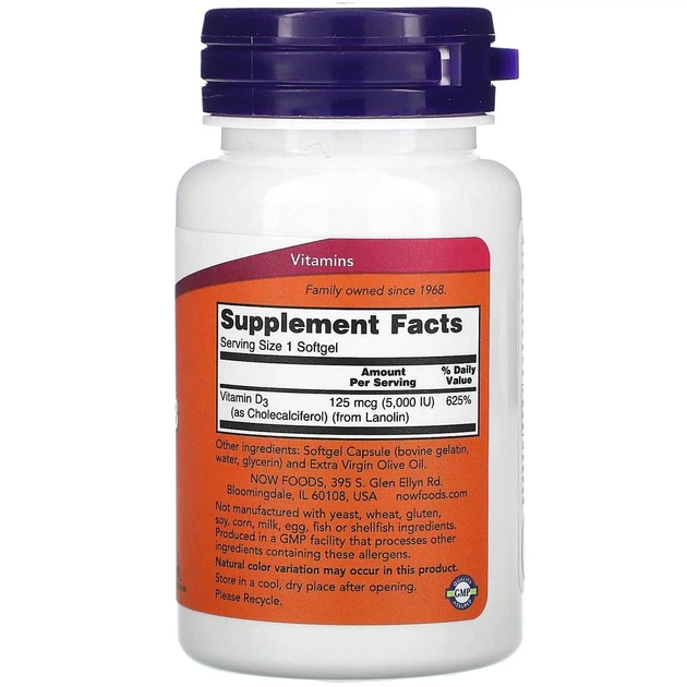 Вітамін Д-3 холекальциферол Now Foods Vitamin D-3 125 мкг 5000 МЕ 120 капсул в упаковці (ARE-575060) - зображення 2