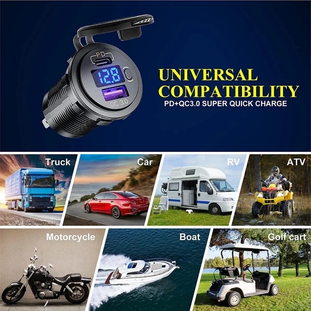 Врезная розетка USB в авто с вольтметром Quick Charge 3.0 USB + PD Type-C 12В-24В, QC 3.0 (быстрая зарядка) - изображение 3
