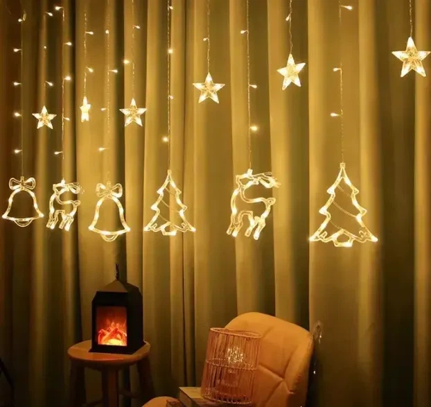Гирлянда Штора с формами колокольчик, елка, олень 12 PCS light - Фото 1 Гирлянда Штора с формами колокольчик, елка, олень 12 PCS light - изображение 1