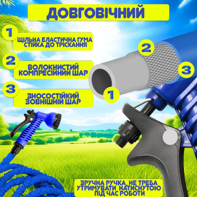 Поливальний шланг 30м розтягується та збільшується гнучкий гармошка для поливу саду і городу з розпилювачем - зображення 3