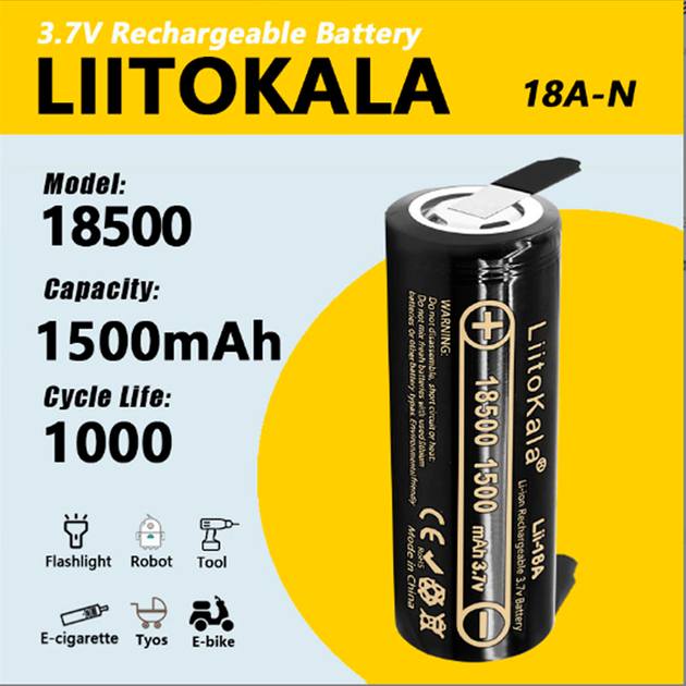 Акумулятор 18500, LiitoKala Lii-18A-N, 1500mah, з контактами під пайку - зображення 3
