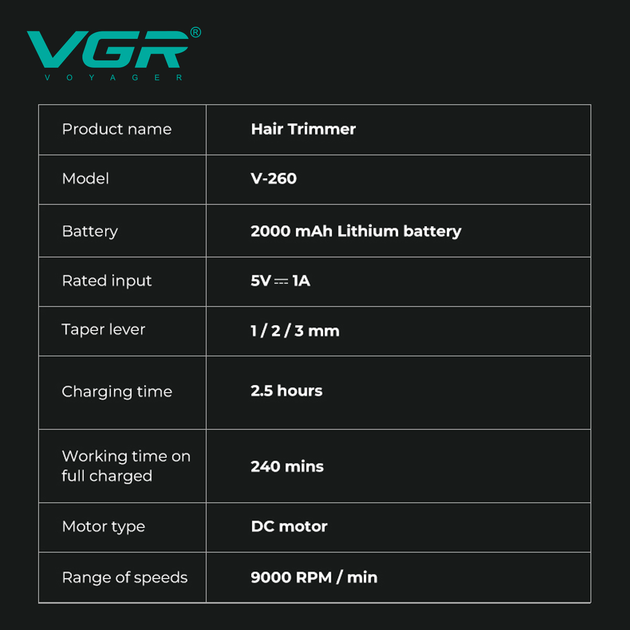 Акумуляторний тример VGR V-260 RED для стрижки волосся і бороди, машинка з LED-дисплеєм, 3 насадки, 2000 мА·год, 9000 об/хв, професійний тример для барбера та дому - Фото 3 Акумуляторний тример VGR V-260 RED для стрижки волосся і бороди, машинка з LED-дисплеєм, 3 насадки, 2000 мА·год, 9000 об/хв, професійний тример для барбера та дому - изображение 3