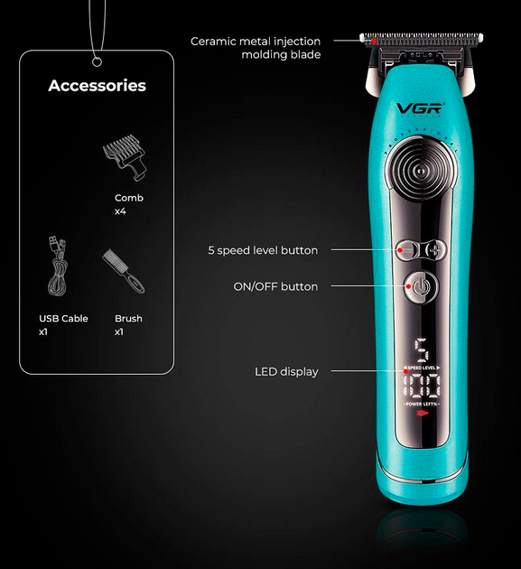 Триммер для стрижки VGR V-299 BLACK, 4 насадки, 9000RPM, 2000 mAh, 5 уровней скорости, LED дисплей - изображение 4