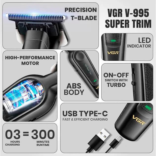 Триммер для стрижки аккумуляторный VGR V-995, 4 насадки, 7000 RPM, 2000 mAh - изображение 6