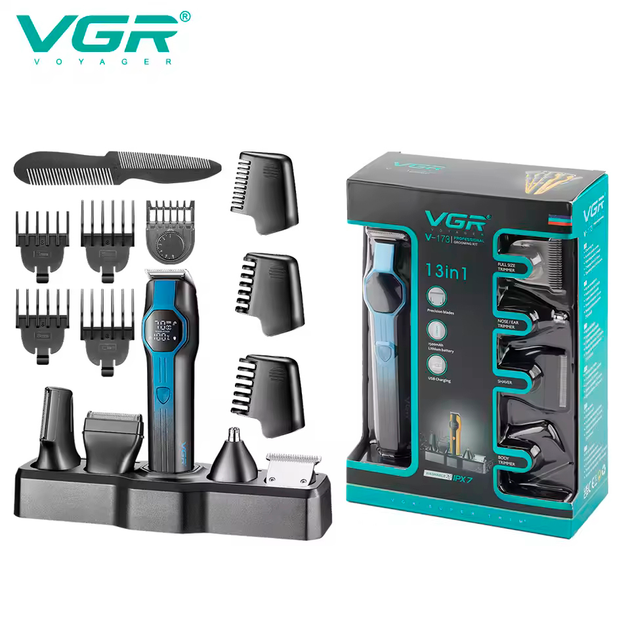 Набор для стрижки VGR 13 в 1 V-173 BLUE, 13 насадок, LED дисплей - изображение 7