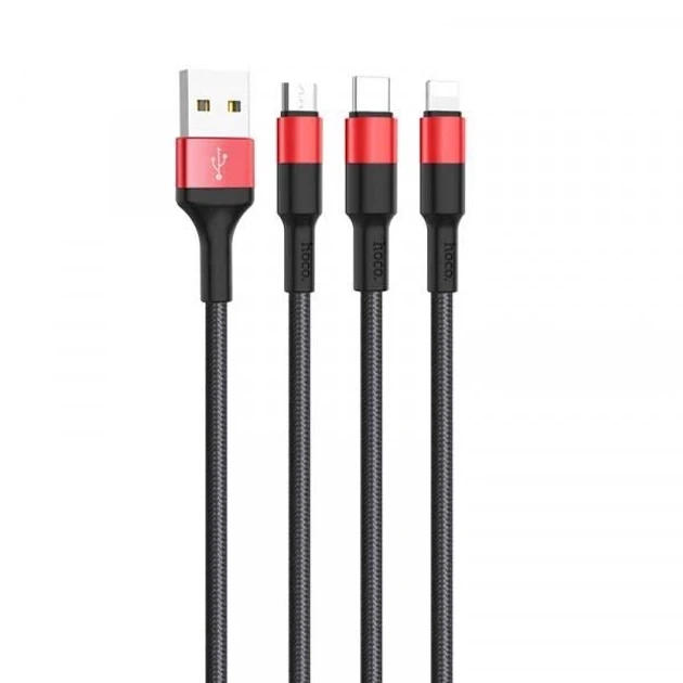 Универсальный кабель Hoco X26 3в1 для зарядки MicroUSB, Lightning, Type-C черный - Фото 7 Универсальный кабель Hoco X26 3в1 для зарядки MicroUSB, Lightning, Type-C черный - изображение 7