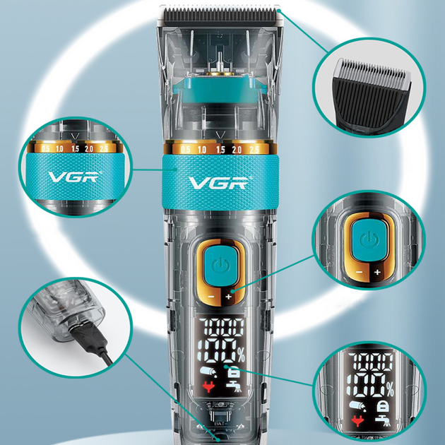 Аккумуляторная машинка для стрижки волос + 6 насадок, с USB, VGR V-695 / Беспроводной триммер для стрижки - изображение 2