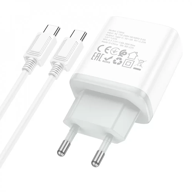 Зарядное устройство для телефона Hoco C104A 20W с кабелем Type-C to Lightning быстрая зарядка белый - изображение 7