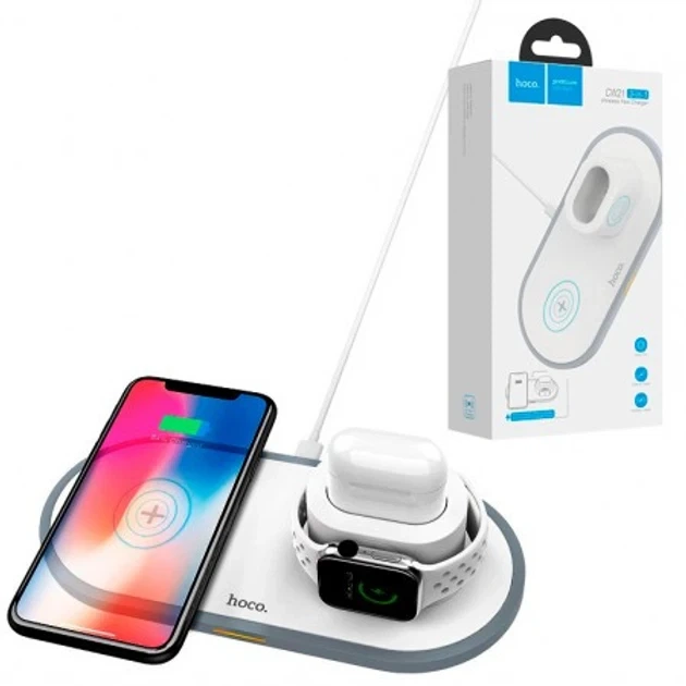 Бездротова зарядка для iPhone Watch AirPods Hoco CW21 Wisdom 3-in-1 біла - Фото 1 Бездротова зарядка для iPhone Watch AirPods Hoco CW21 Wisdom 3-in-1 біла - зображення 1