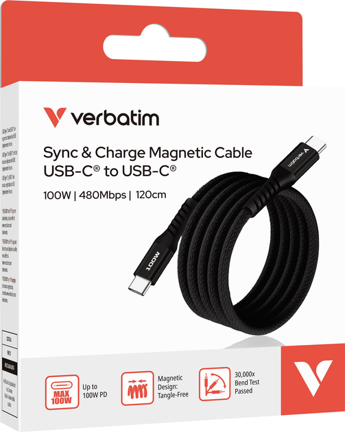 Kabel zasilający i synchronizujący Verbatim 100 W z magnesem, USB-C do USB-C, 120 cm, czarny (23942318637) - obraz 3