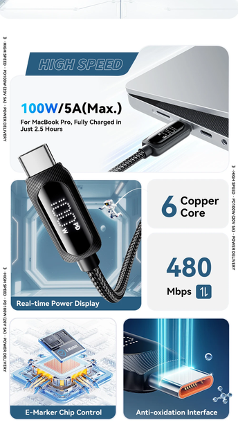 Кабель зарядки Type-C - Type-C Essager 100W 1м з дисплеєм (EXCTT1-XL01-P) - зображення 3