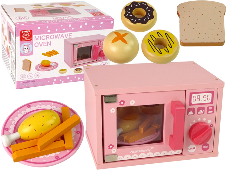 Zestaw kuchenny dla dzieci Lean Toys Mikrofalówka różowa + Jedzenie drewniany (5905323214514) - obraz 1
