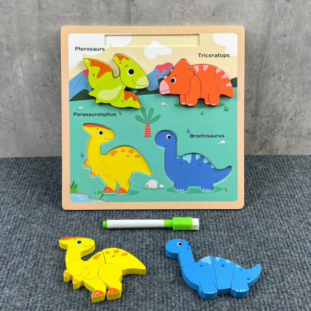 Дерев'яний пазл Lean Toys Динозаври 2-в-1 з поверхнею для малювання (5905991039679) - зображення 5