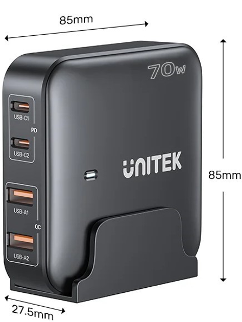 Настільний зарядний пристрій Unitek GaN 70W 2xUSB-A 2xUSB-C Black (P1228ABK01-EU) - зображення 3