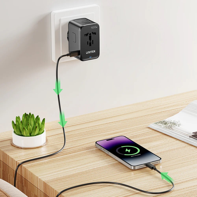 Дорожній зарядний пристрій Unitek GaN EU/US/UK/AUS PD 100W (P1123ABK01) - зображення 9