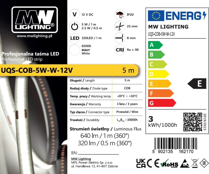 Taśma LED MW Lighting typu COB 5W 320 chips/m CRI >90 12V 6500K IP20 5m biala (UQS‑COB‑5W‑W‑12V‑5m) (5902135162170) - obraz 2
