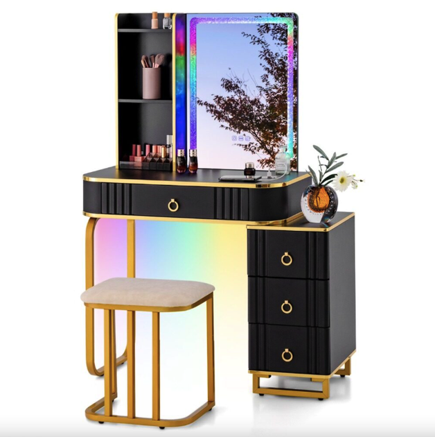 Туалетный столик Leobert Vicco трюмо с пуфом + зеркало LED черный - Фото 4 Туалетный столик Leobert Vicco трюмо с пуфом + зеркало LED черный - изображение 4
