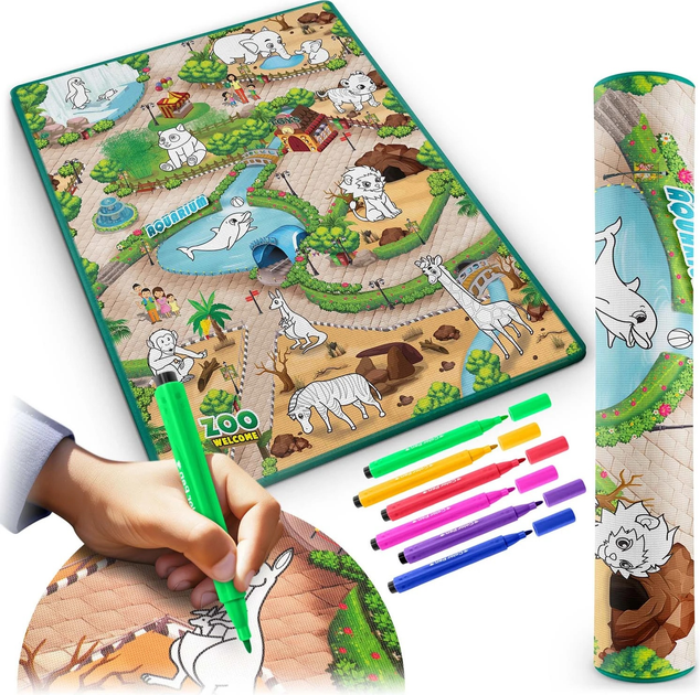 Килимок для малювання Ricokids ZOO з маркерами та сумкоюдля зберігання 90 x 120 см (5903890629168) - зображення 3