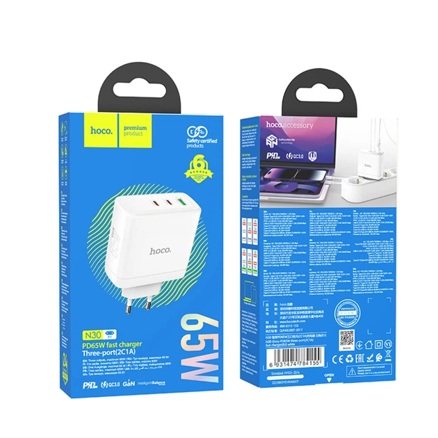 Мережевий зарядний пристрій HOCO N30 Glory PD65W three-port(2C1A) fast charger White (6931474784155) - изображение 2