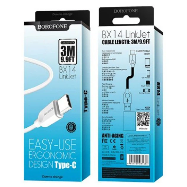 Кабель BOROFONE BX14 USB to Type-C 2.4A, 3m, PVC, TPE connectors, White (6957531090397) - изображение 2
