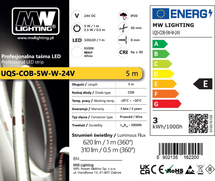 Світлодіодна стрічка MW Lighting Тип COB 5 Вт 320 кристалів/м² CRI >90 24 6500K IP20 5 м білий (UQS-COB-5W-W-24V-5m) - зображення 3