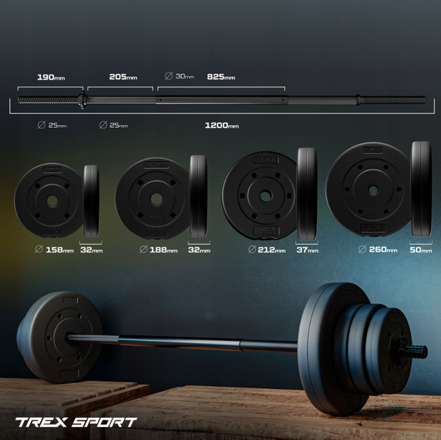 Тренажерная штанга Trex Sport набор битумных блинов 22 кг - изображение 5