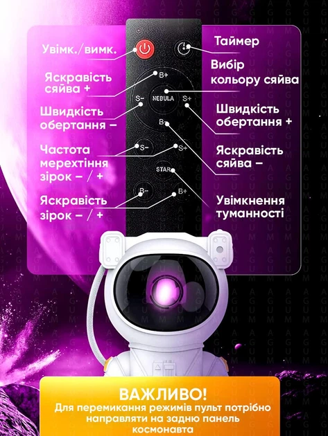 Лазерний нічник проектор, галактики Астронавт, Космонавт Premium, дитячий смарт світильник, з пультом (стоячий) - Фото 7 Лазерний нічник проектор, галактики Астронавт, Космонавт Premium, дитячий смарт світильник, з пультом (стоячий) - зображення 7