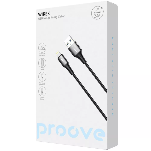 Кабель для зарядки Proove WireX, USB to Lightning, мощность 12W, длина 1 м, Черный - Фото 2 Кабель для зарядки Proove WireX, USB to Lightning, мощность 12W, длина 1 м, Черный - изображение 2