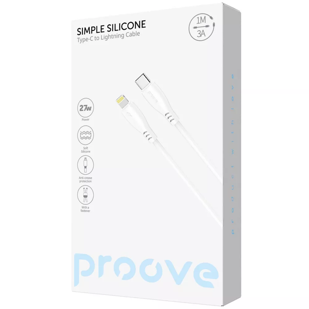Кабель для зарядки Proove Simple Silicone, Type-C to Lightning, мощность 27W, длина 1 м, Белый - Фото 2 Кабель для зарядки Proove Simple Silicone, Type-C to Lightning, мощность 27W, длина 1 м, Белый - изображение 2