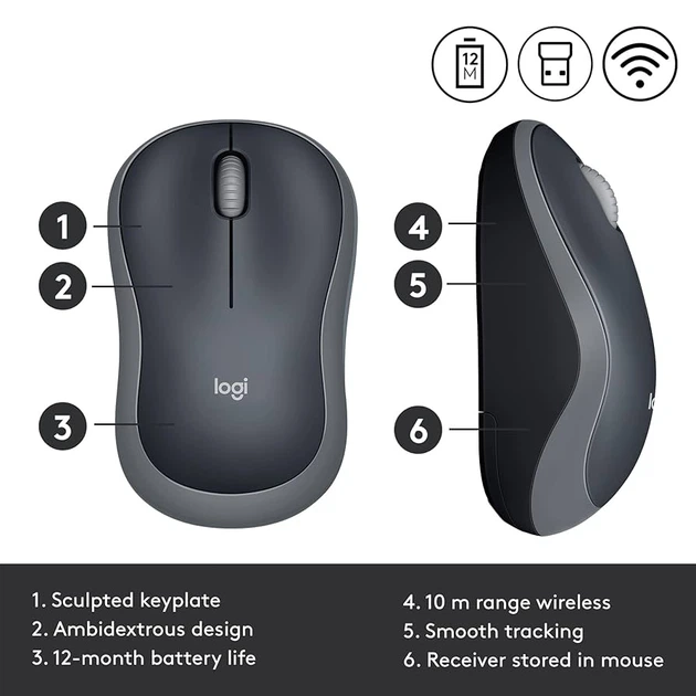 Беспроводная мышь Logitech M185, 2.4GHz, 1000DPI, 1xAA, Black-Grey - изображение 2