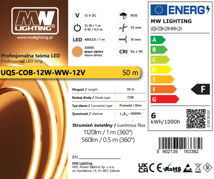 Світлодіодна стрічка MW Lighting Тип COB 12 Вт 480 кристалів/м² CRI >90 12 В 3000K IP20 50 м біла (UQS-COB-12W-WW-12V-50m) - зображення 3