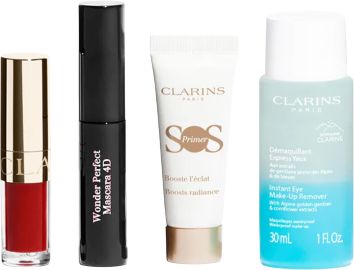 Zestaw Clarins Make-up Essentials Tusz do rzęs 3 ml + Olejek do ust 1.4 ml + Baza pod makijaż 10 ml + Płyn do demakijażu oczu 30 ml (3666057297649) - obraz 3