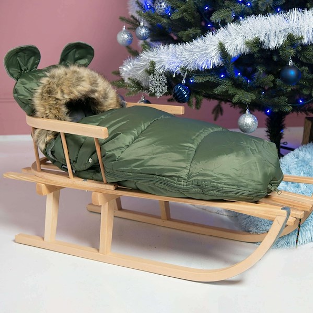 Śpiworek ciepły Springos SB0048 do wózka gondoli na sanki z futerkiem uszkami premium 96 cm Zielony (5907719442327) - obraz 4