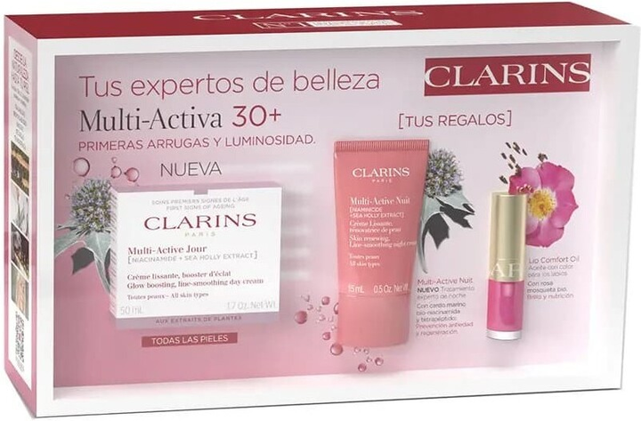 Zestaw do pielęgnacji twarzy Clarins Multi-Active 30+ Krem na dzień 50 ml + Krem na noc 15 ml + Olejek do ust 04 1.4 ml (3666057313868) - obraz 1